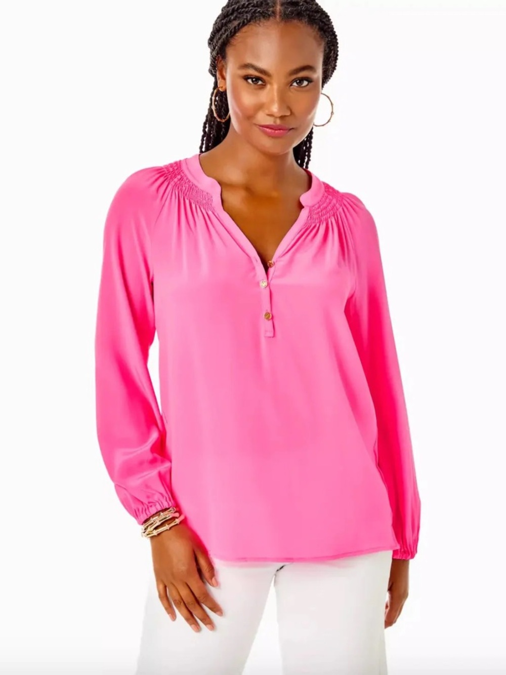 Lilly Pulitzer Elsa Silk Blouse In Roxie Pink Preppy Chic Summer Top Sz L